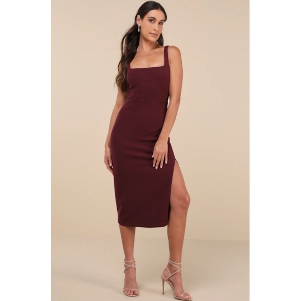 NEW Lulus Midi Bodycon Dress M Burgundy Slit Square Neck Sleeveless fall wedding